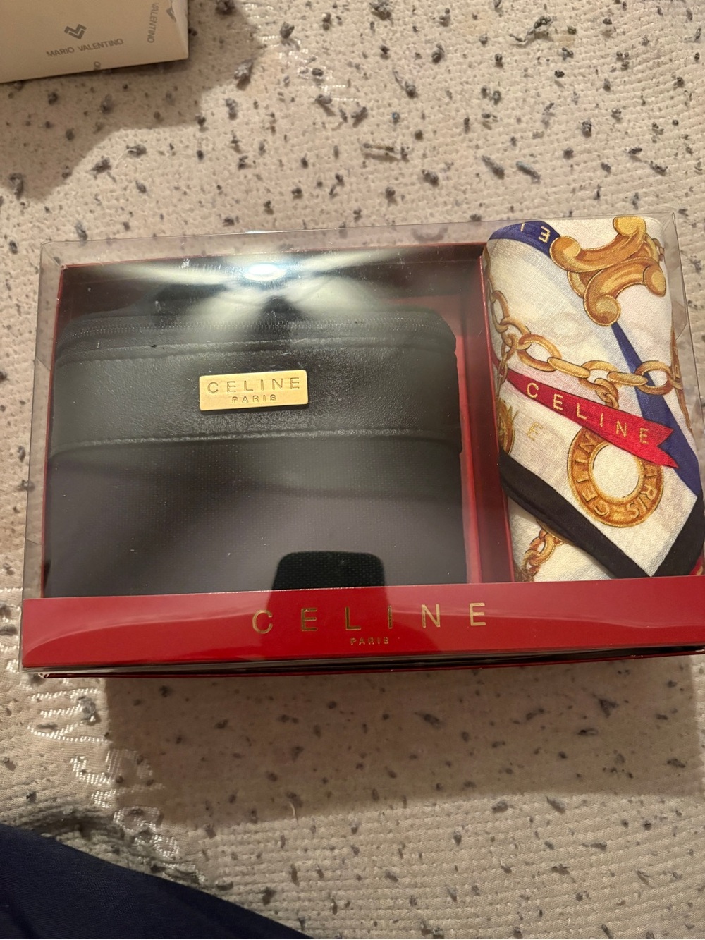 CELINE Paris Black Leather Card Holder with Branded Scarf